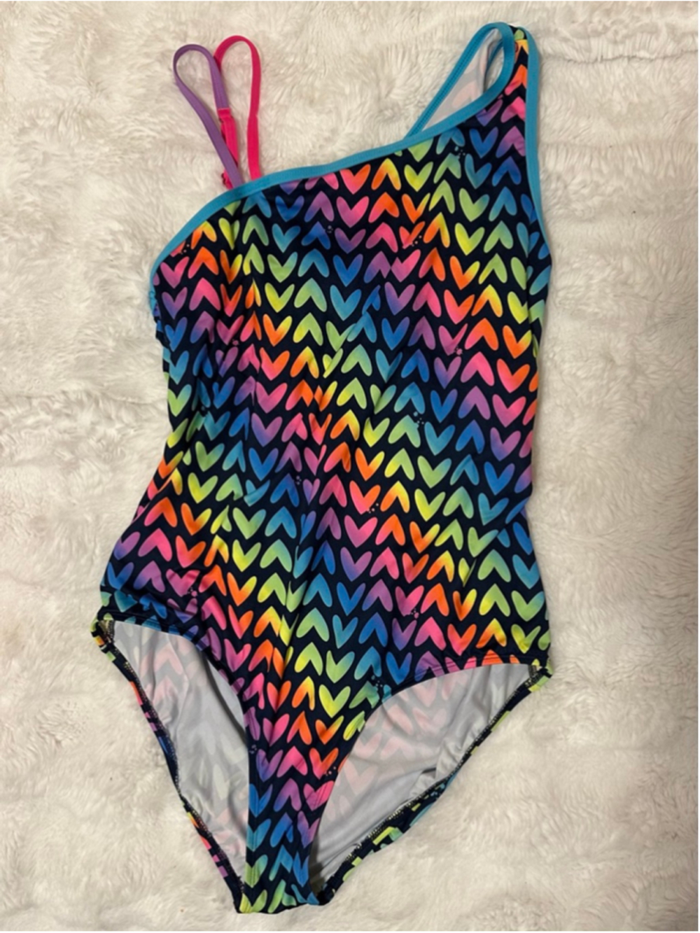 Girls Lands' End One Piece Swimsuit 16 Plus Black Rainbow Hearts